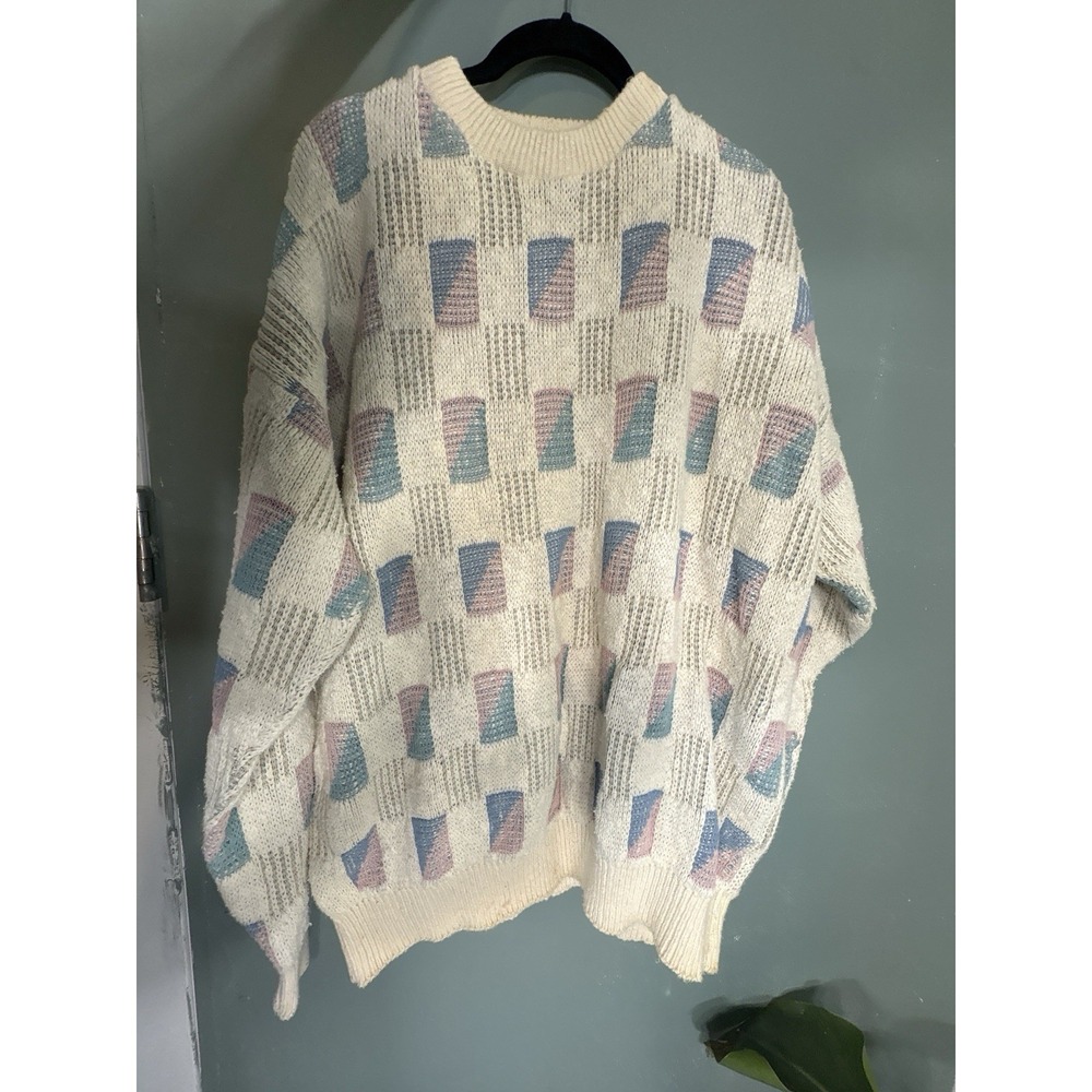 Royal Knight vintage Men's Knit Sweater  Crew Neck Long Sleeve White Blue Pink